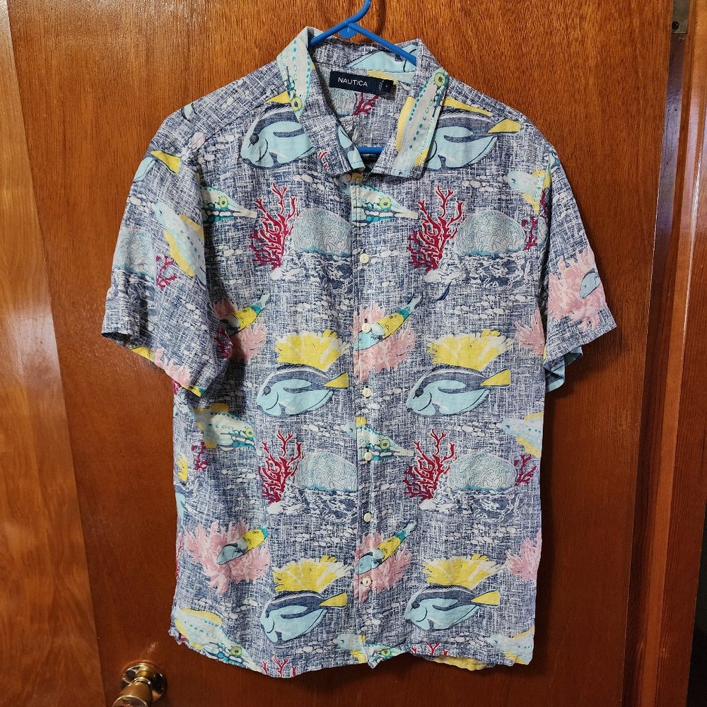 Men's Large Nautica Blue Coral Fish Linen Blend Short Sleeve Hawaiian Shirt